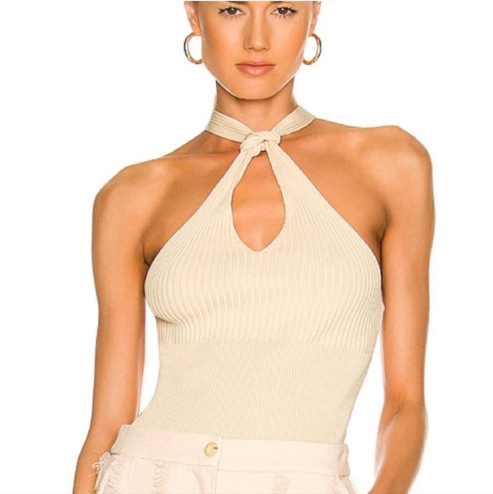 NWT $255 Jonathan Simkhai Andrea Knit Knotted Neck Halter Sleeveless Top Almond - Picture 2 of 16